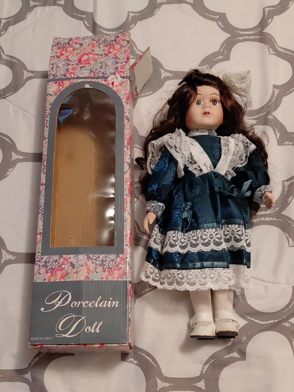 Vintage Porcelain Doll in Teal Lace Dress